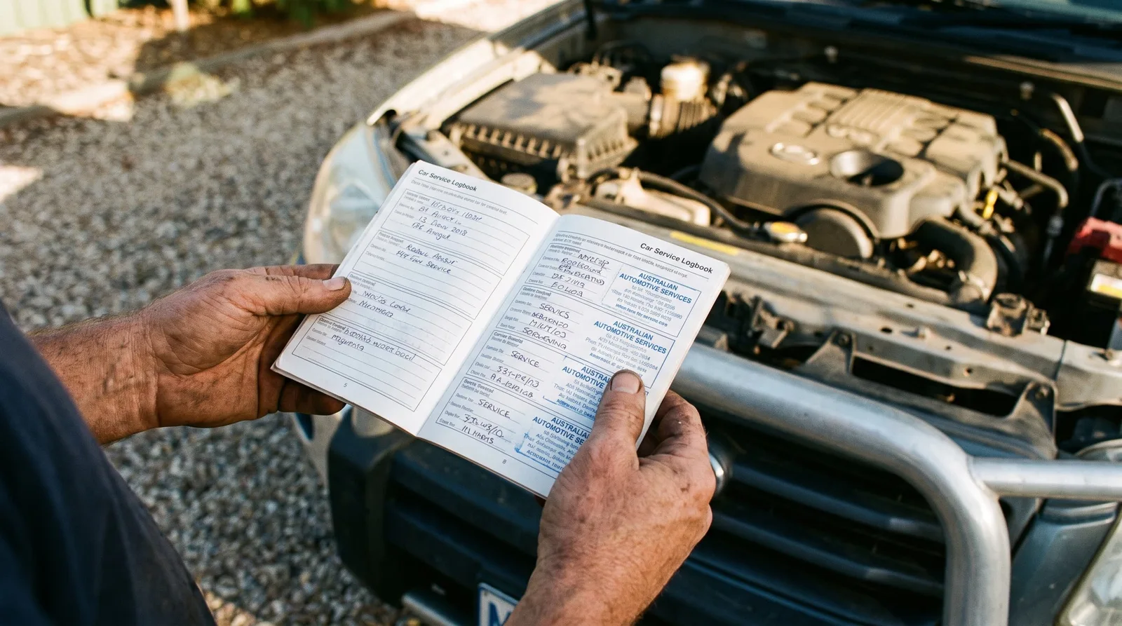 Buyer checking the service logbook of a used family SUV